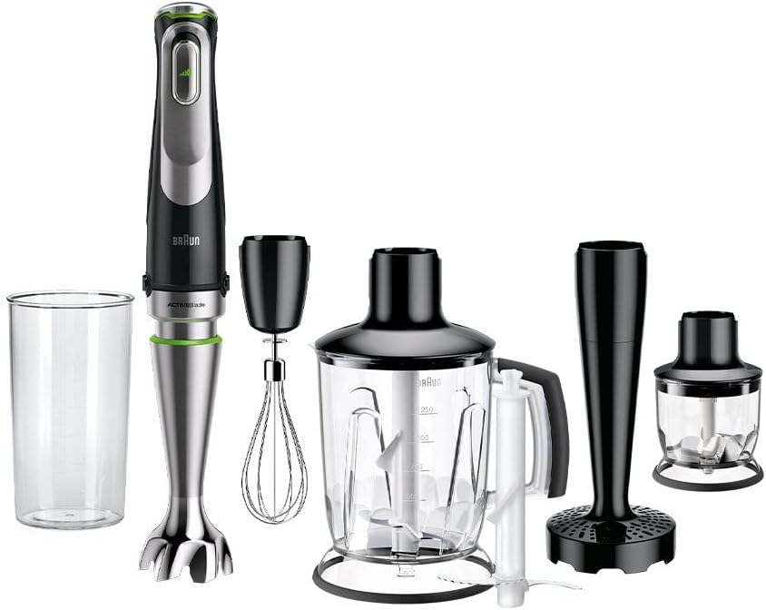 Braun MultiQuick 9 - Frullatore a Immersione Anti Splash, Selezione di Velocità Precisa, Active PowerDrive, Robot da Cucina 1,2L, Tritatutto, Bicchiere 600 mL, 1200W, Nero (MQ9187XLI)(1200 W, 5 accessori)