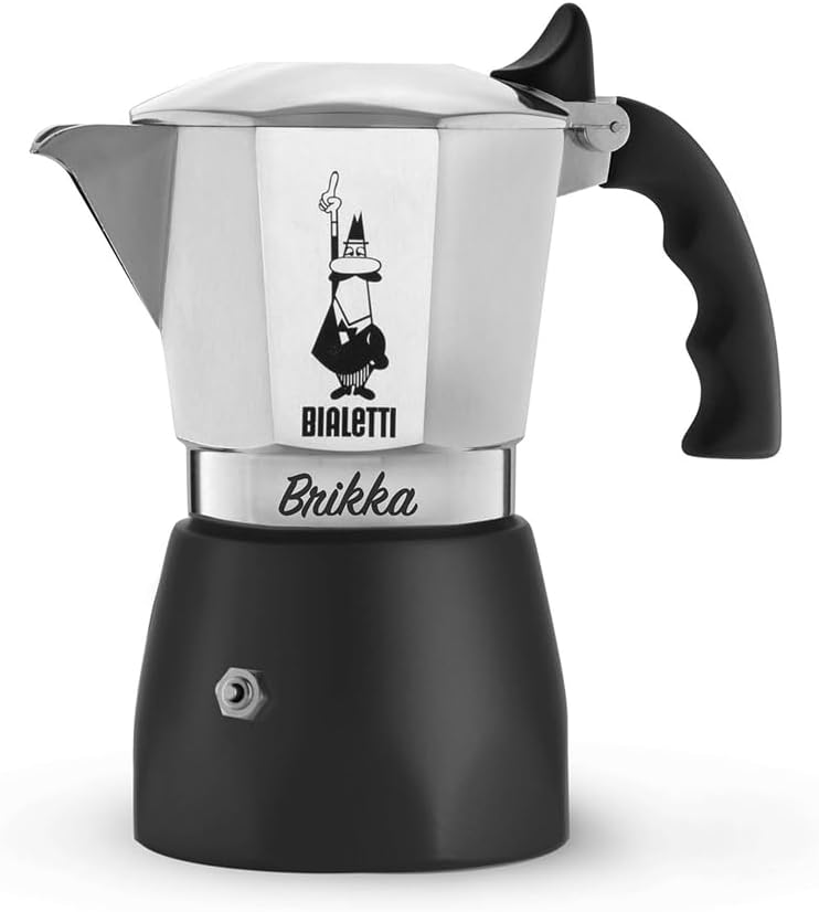 Bialetti Caffettiera Brikka, 4 Tazze (170 ml), Espresso Cremoso come al Bar, Non Adatta a Piano Induzione, Misurino incluso, Manico antiscottatura, Design Elegante, Alluminio(NEW BRIKKA 2023/2 Tazze)