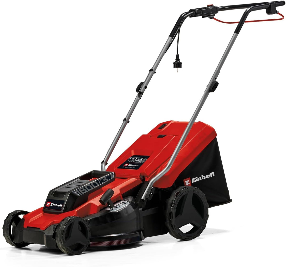 Einhell GC-EM 1600/37 Electric Lawn Mower (1600 W, Cutting Width 37 cm, Up to 700 m², Grass Catcher Basket 38 L, Central Cutting Height Adjustment from 20 to 60 mm)(2024 Version/black / red)