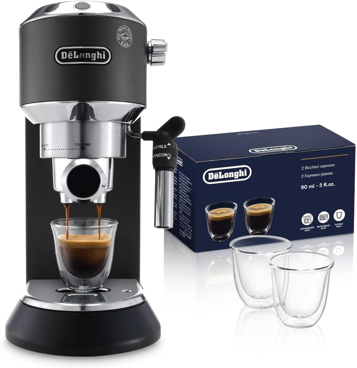 De'Longhi Dedica EC685.BK Macchina da Caffè Espresso Manuale e Cappuccino + 2 bicchieri espresso, Caffè in Polvere o in Cialde E.S.E., Spegnimento Automatico, Serbatoio Estraibile, 1350 W, Nero