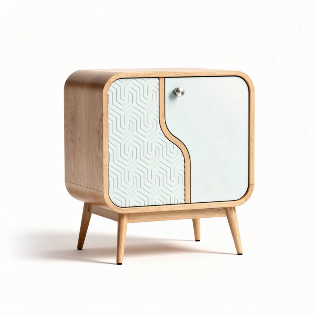 Mobiletto in legno con ante in vetro e finitura geometrica 50 x 40 x 60cm