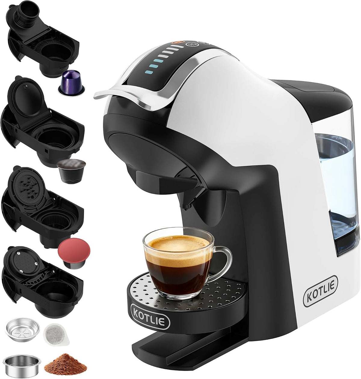KOTLIE EM-308B Macchina da caffè a capsule NES/DG/MIO/ESE e caffè macinato, serbatoio d'acqua da 1 litro, 3 temperature di infusione, ideale per cucina, appartamento e ufficio