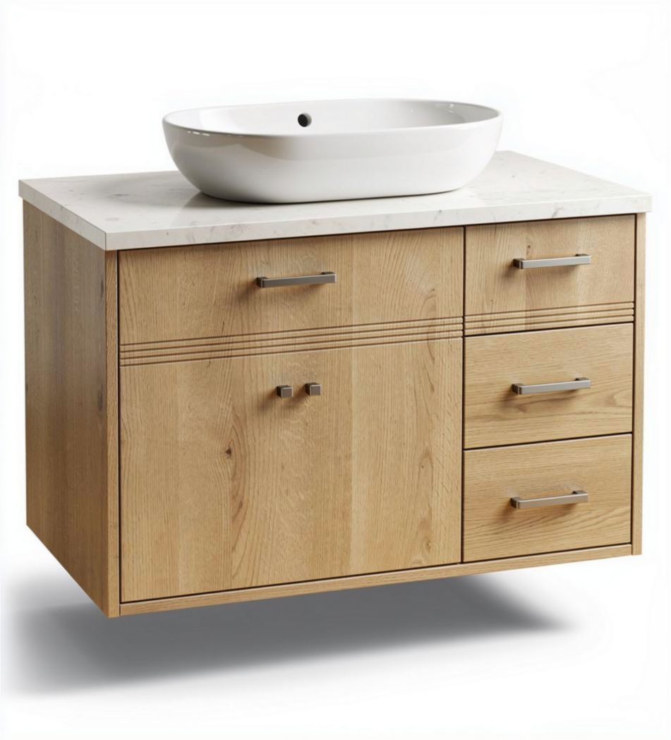 Mobile bagno in legno naturale con lavabo d’appoggio bianco 80 x 50 x 40cm