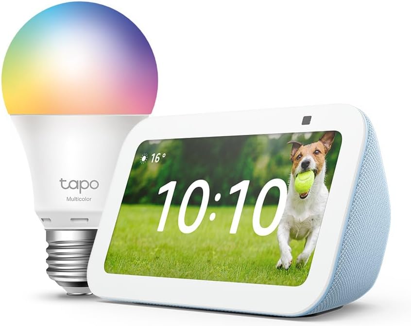Echo Show 5 (3ª generazione) | Azzurro + Tapo L530EA Lampadina LED Smart (E27), Compatibile con Alexa - Kit di base per Casa Intelligente