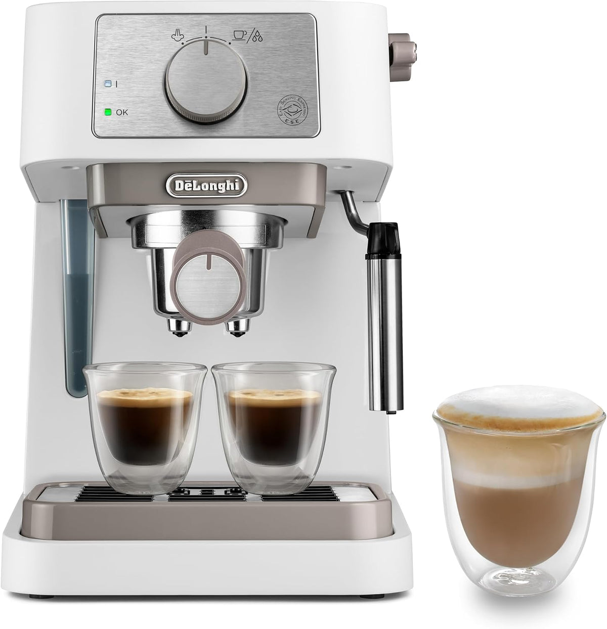 De'Longhi Stilosa EC260.W, Macchina da Caffe per Polvere o Cialde E.S.E., Sistema Latte Manuale per Cappuccino, Serbatoio Estraibile da 1.1 L, Caldaia Acciaio Inox, Spegnimento Automatico, Bianco(Bianca)