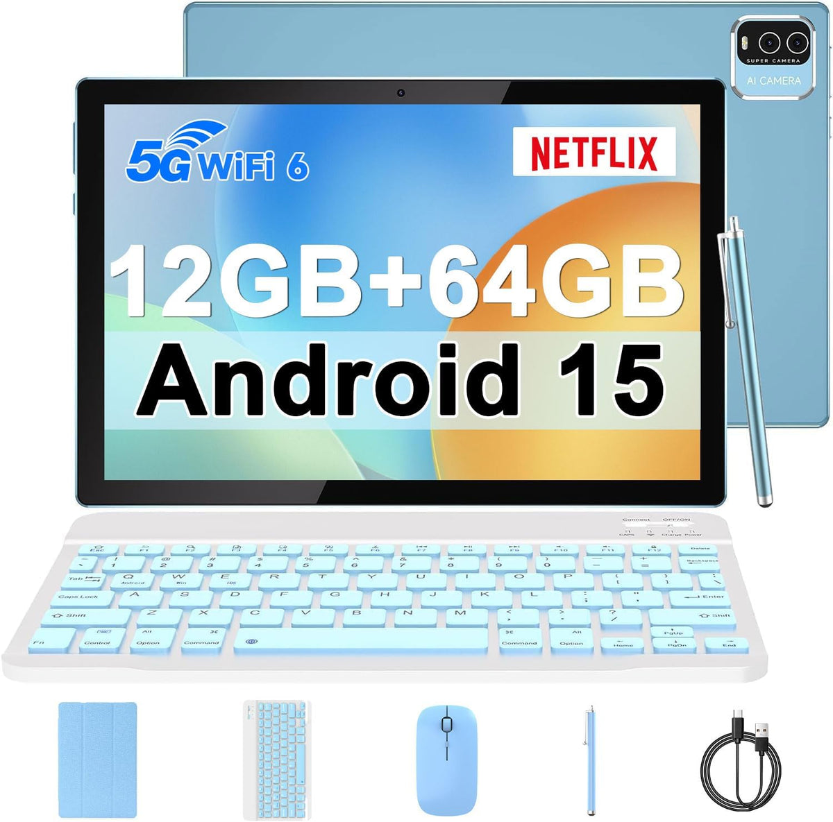 IWEGGO Android Tablet 15 10 Inch 18GB RAM+128GB ROM/2TB Expandable Tablet Quad-Core Processor 2.0GHz HD Touch Screen 1280x800 5G WiFi6 BT 5.0 Tablet 2 in 1 with Keyboard Case(4GB+64GB/blue)