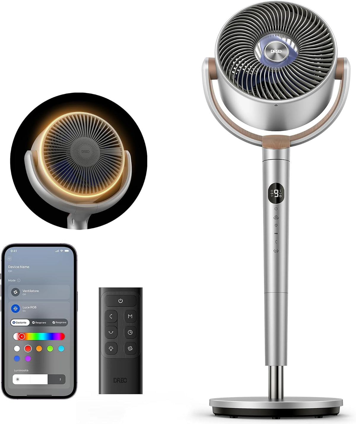 DREO 23dB Smart ventilatore a piantana silenzioso, portata 24M, volume d'aria 1200m³/h, turbo circolatore, altezza 102CM, 6 modalità, 8 velocità, oscillazione omnidirezionale 120°+120°, PolyFan 502S(Argento/WIFI+LED)