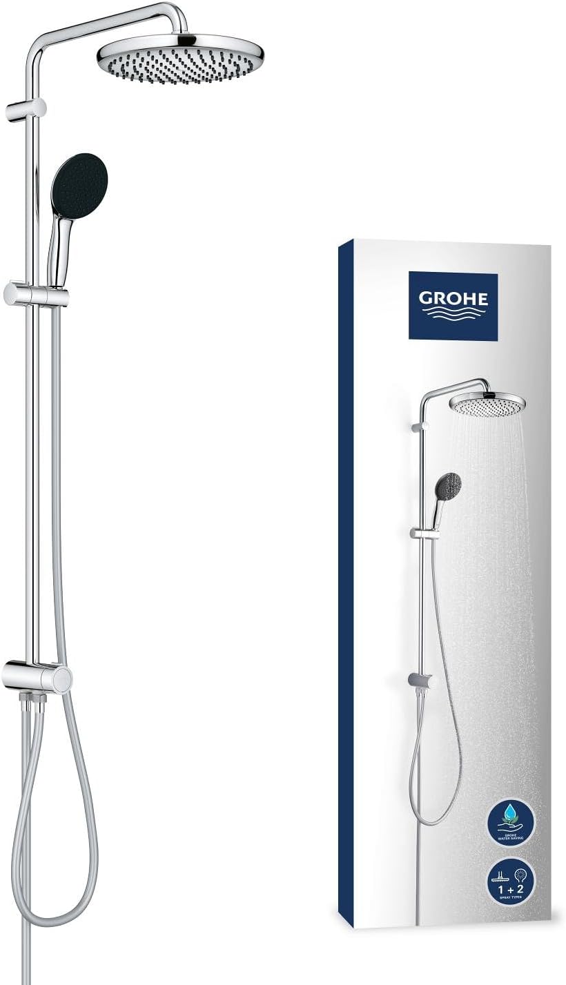GROHE Vitalio Start 250 Colonna Doccia con Deviatore (soffione tondo 25 cm 2 getti, doccetta 2 getti, deviatore, risparmio idrico), Cromo, 26680001(Deviatore bagno/Asta 114 cm/Cromo)