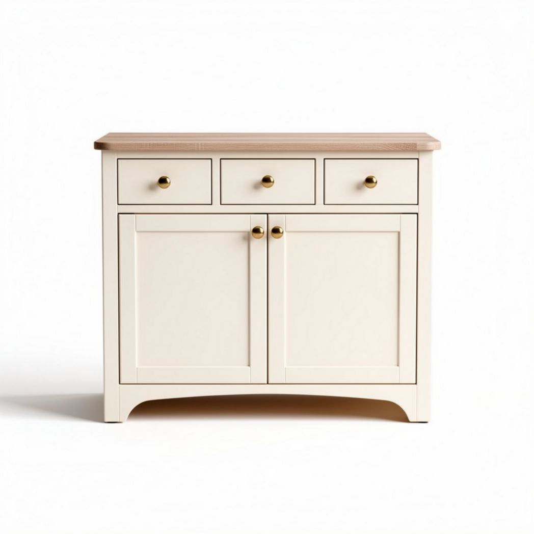 Credenza in legno bianco con piano in rovere e tre cassetti 80 x 40 x 90cm