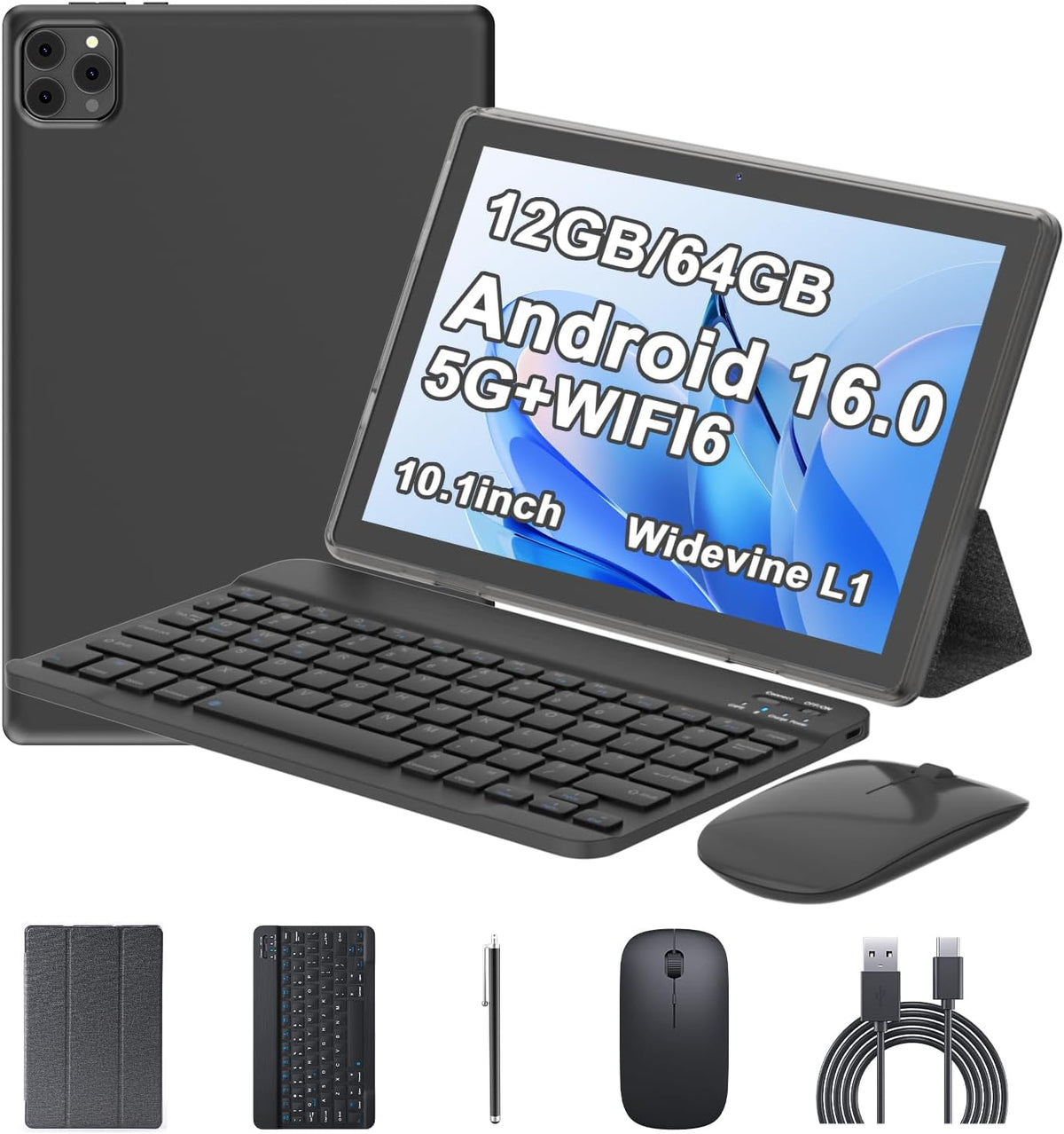 10 Inch Android Tablet 15 12GB RAM + 64GB ROM 2 in 1 Tablet with Keyboard Case and Mouse Stylus 1.8GHz Quad-Core Processor 1280x800 IPS HD 5G WiFi6 BT 5.0