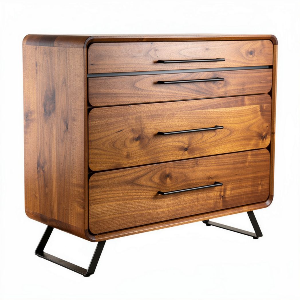 Comò in legno massello di noce con quattro cassetti e struttura in metallo 80 x 40 x 80cm