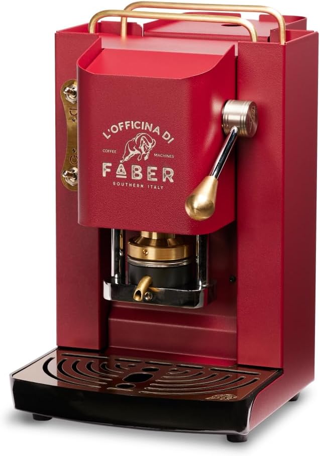 FABER COFFEE MACHINES | Modello Pro Deluxe | Macchina caffe a cialde ese 44mm | Rifiniture ottonato | Pressacialda in ottone regolabile | elettrovalvola di serie (CHERRY RED)(Cherry Red)