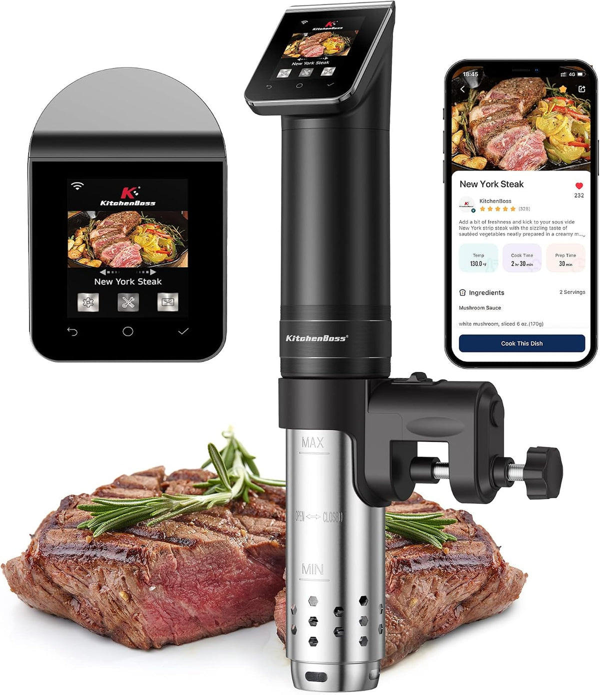 KitchenBoss Wifi Sous Vide Roner: G330 WLAN Professionali Roner Cucina, 40-90℃ Cottura Bassa Temperatura, TFT,Silenzioso,1100W,IPX7 Impermeabile,APP(Single)
