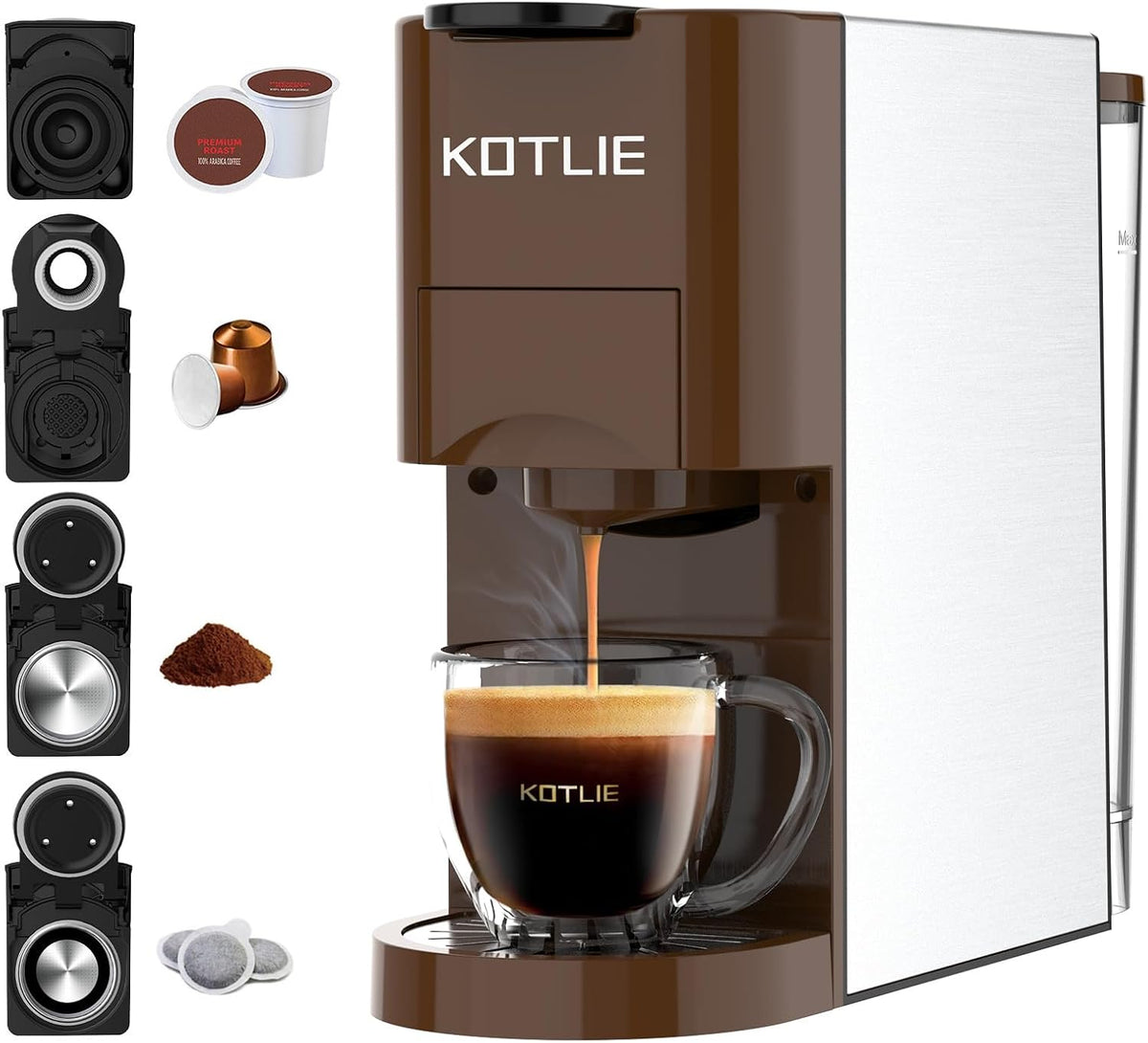 KOTLIE Macchina Da Caffè Capsule 4 in1,Per NES/DG/Caffè Macinato/ESE PadS(44mm),19Bar,800ML(AC-513K)（MARRONE