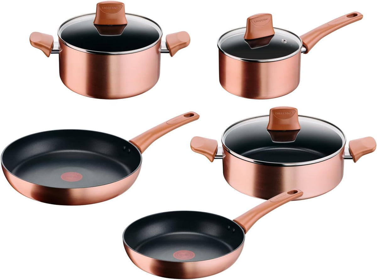 Lagostina Rosé, Set di Pentole e Padelle Antiaderenti, 8 Pezzi, Rivestimento Titanium, Indicatore di Calore Thermo-Signal, Manico Rivettato, Compatibile con Induzione, Colore Oro Rosa(Set/16/20/24/28 cm)