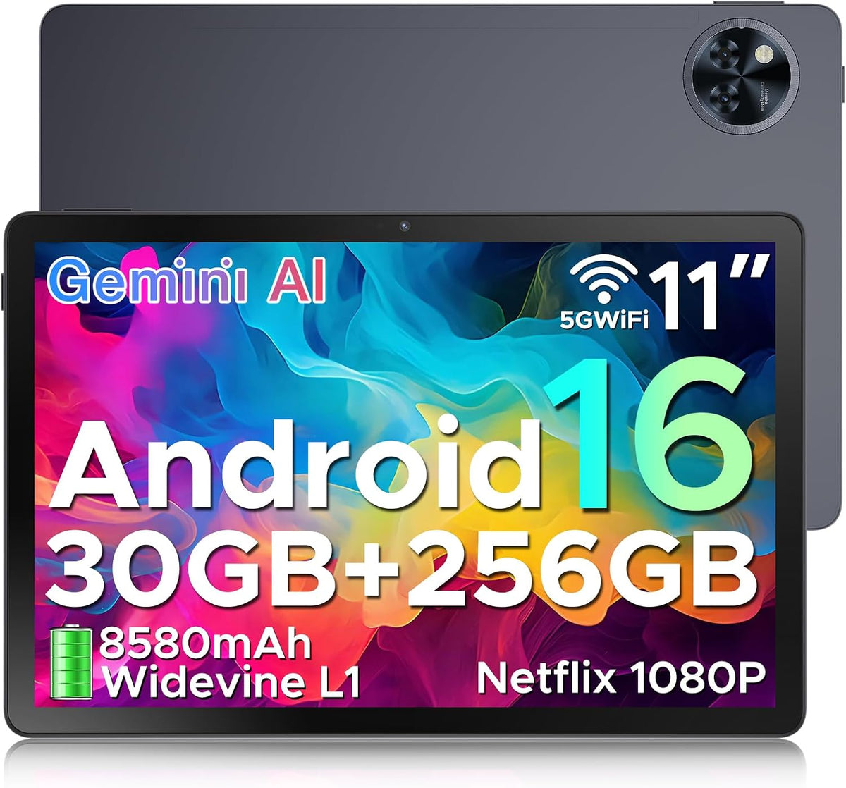 DOOGEE U11PRO Android 16 Tablet 11 Inch, 30GB RAM+256GB ROM (2TB TF) 8580mAh, 90Hz Display, Unisoc T7200 Octa Core Tablet PC, 13MP+5MP, Widevine L1/ GPS/Face ID/OTG, Grey