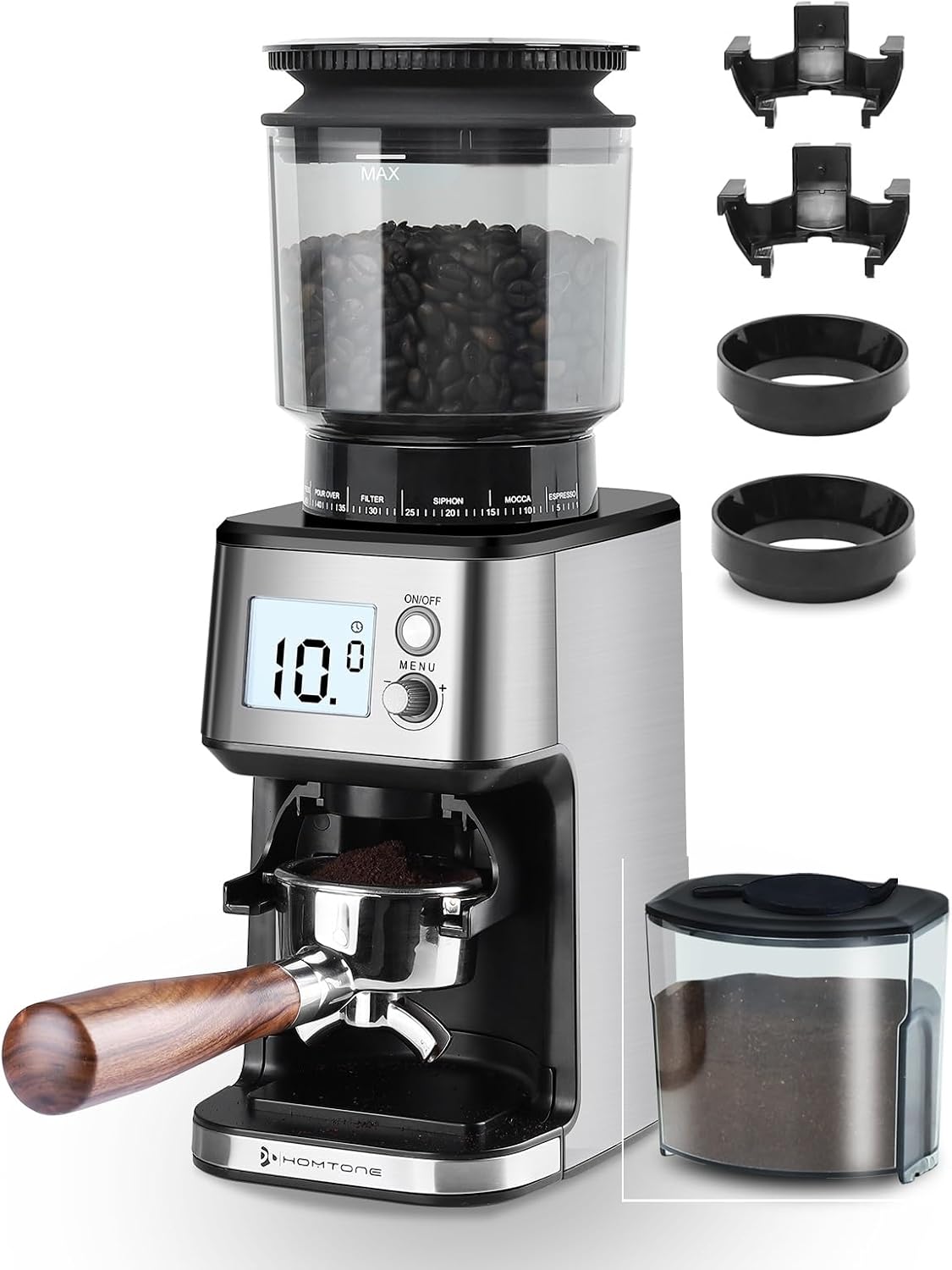 Homtone Macinacaffè Elettrico, 51 Livelli di Macinatura Regolabili, Macine Coniche, Tecnologia Antistatica, Compatibile con Portafiltro, per Espresso, Caffè Filtro e French Press (Argento)(Argento)