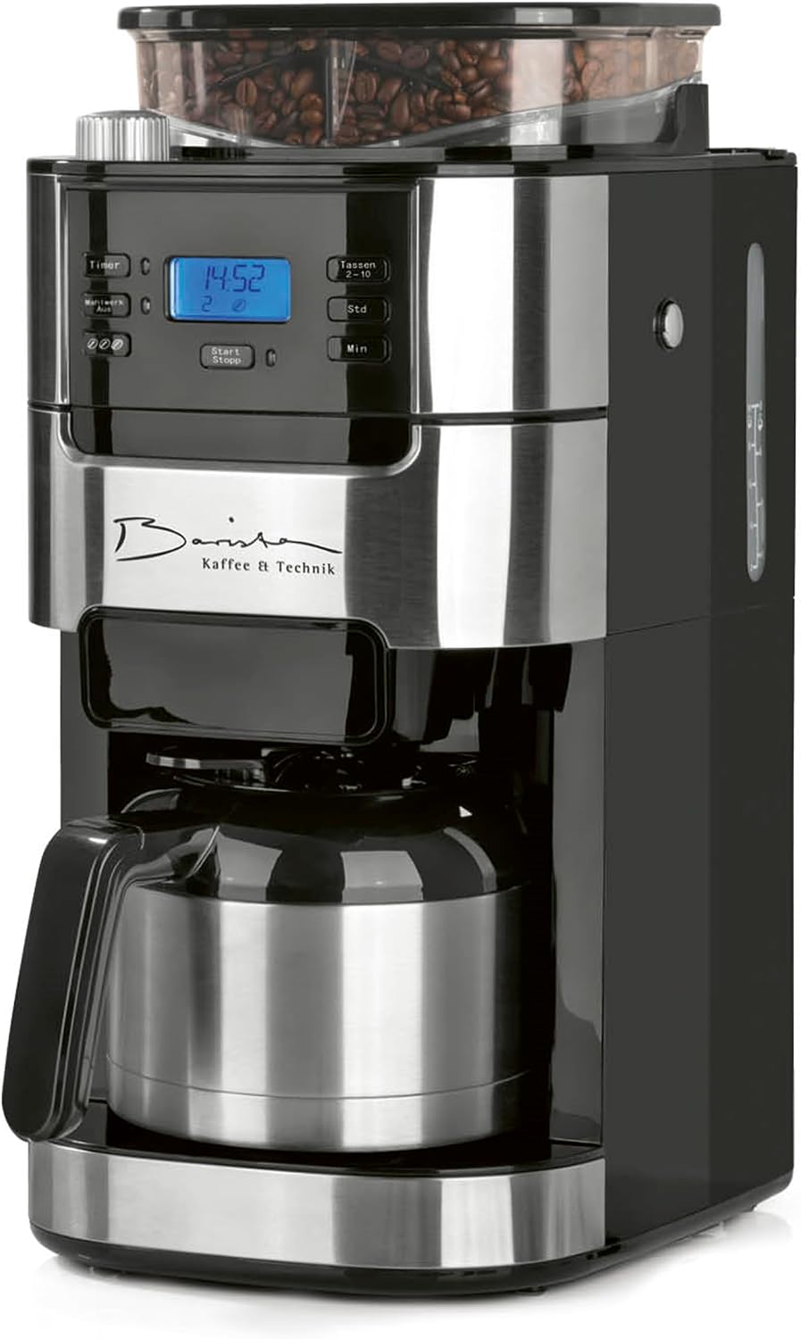 Barista - Macchina da caffè con macinino regolabile e caraffa termica, timer 24 ore, filtro permanente, per 10 tazze di caffè(Nero)