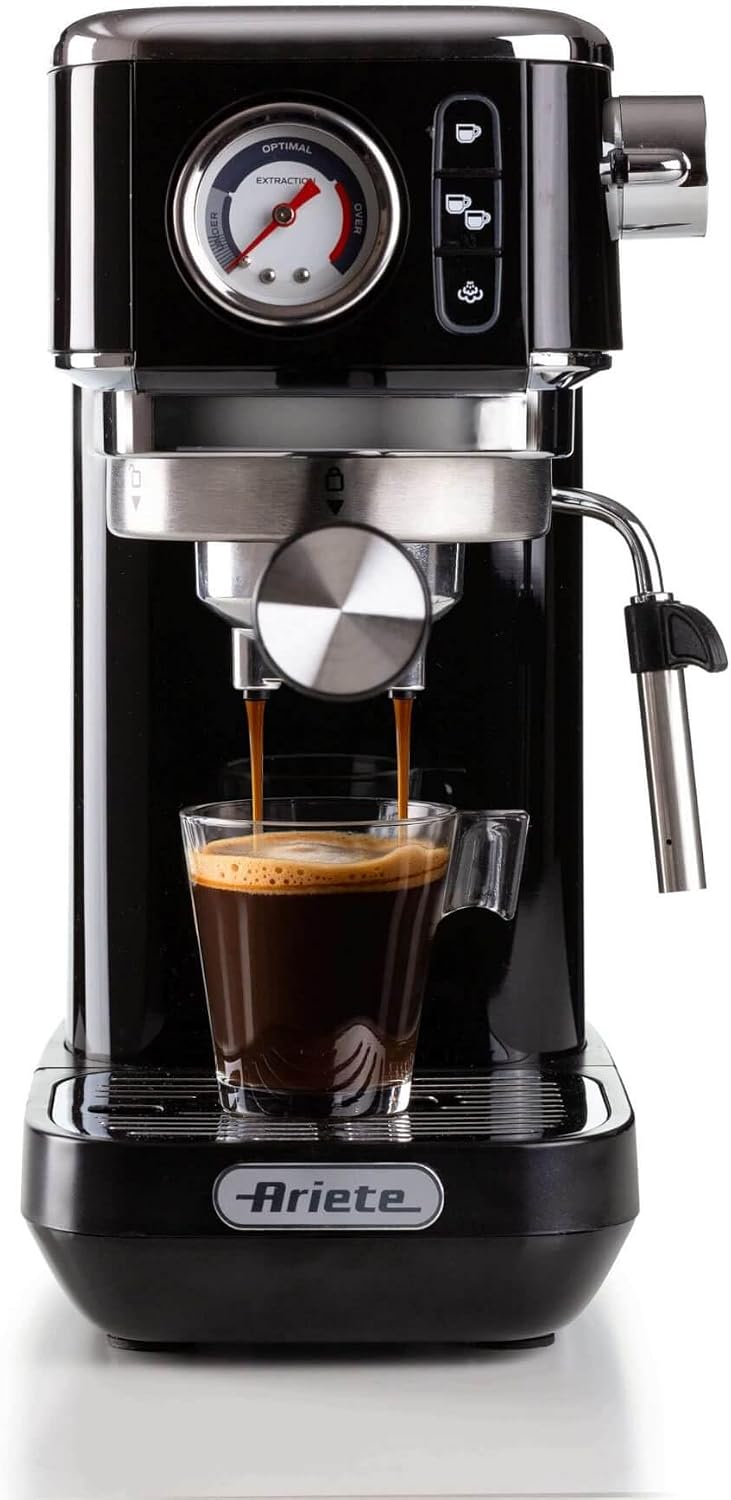 Ariete 1381 Macchina da caffè con manometro, compatibile con caffè in polvere e cialde ESE, 1300 W, Capacità 1,1 L, 15 bar di pressione, Filtro ½ tazze, Dispositivo Cappuccino, Nero