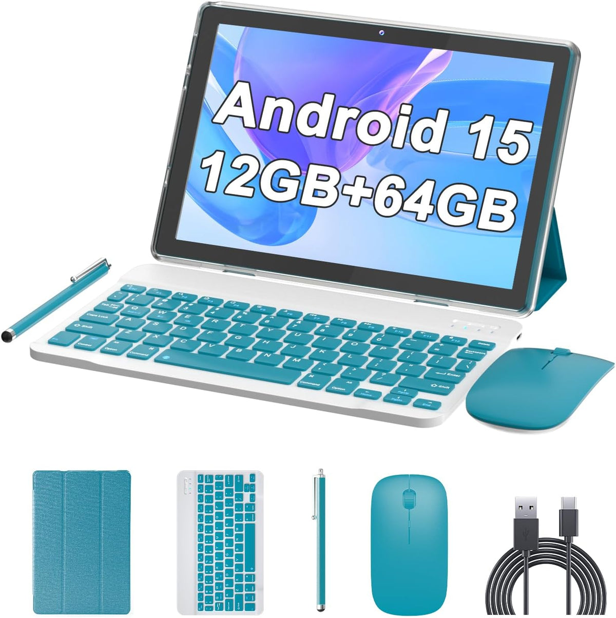 10 Inch Android Tablet with 15 Tablets, 2 in 1 Tablet with Keyboard 12GB RAM + 64GB ROM, 2MP + 8MP 6000mAh Tablet, Includes Keyboard/Mouse/Case/Stylus Pen/Bluetooth 5G Wifi-6 Tablet(blue navy)