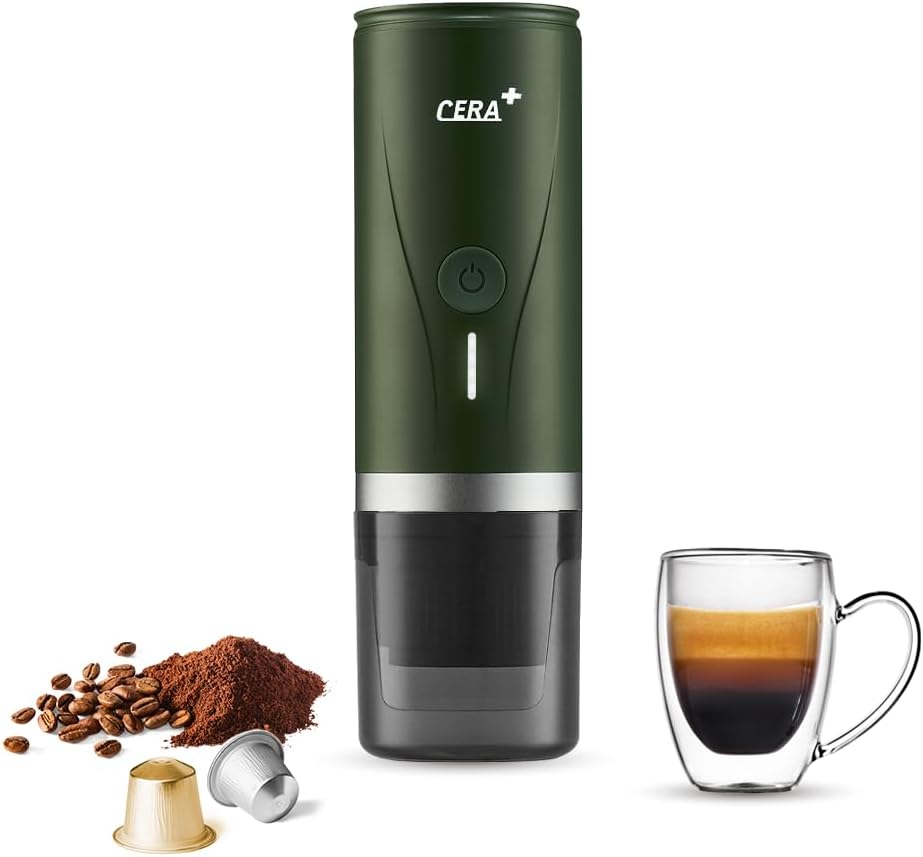 CERA+ Macchina per caffè espresso portatile elettrica con auto-riscaldamento in 3-4 minuti, mini macchina per il caffè da 20 bar con batteria ricaricabile（verde）(Verde)