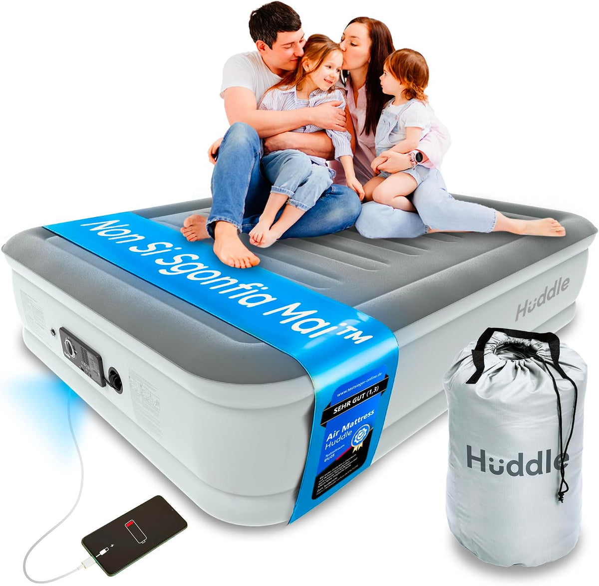 Huddle® Lussuoso letto ad aria singolo tecnologia brevettata SlumberGuard™ a doppia pompa | Materasso gonfiabile con pompa incorporata | Comodo materasso gonfiabile | Singolo, Matrimoniale, King(King)