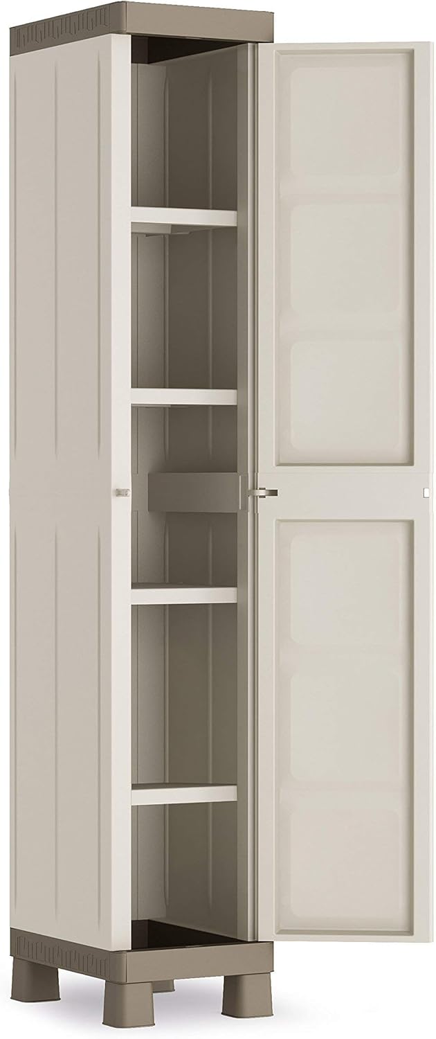 Keter Excellence Broom Cabinet, 4 Adjustable Shelves  2 Storage Trays, Beige/Taupe, 65 x 45 x 182 H cm(33x45x182 cm/Excellence 1 Door/Single)
