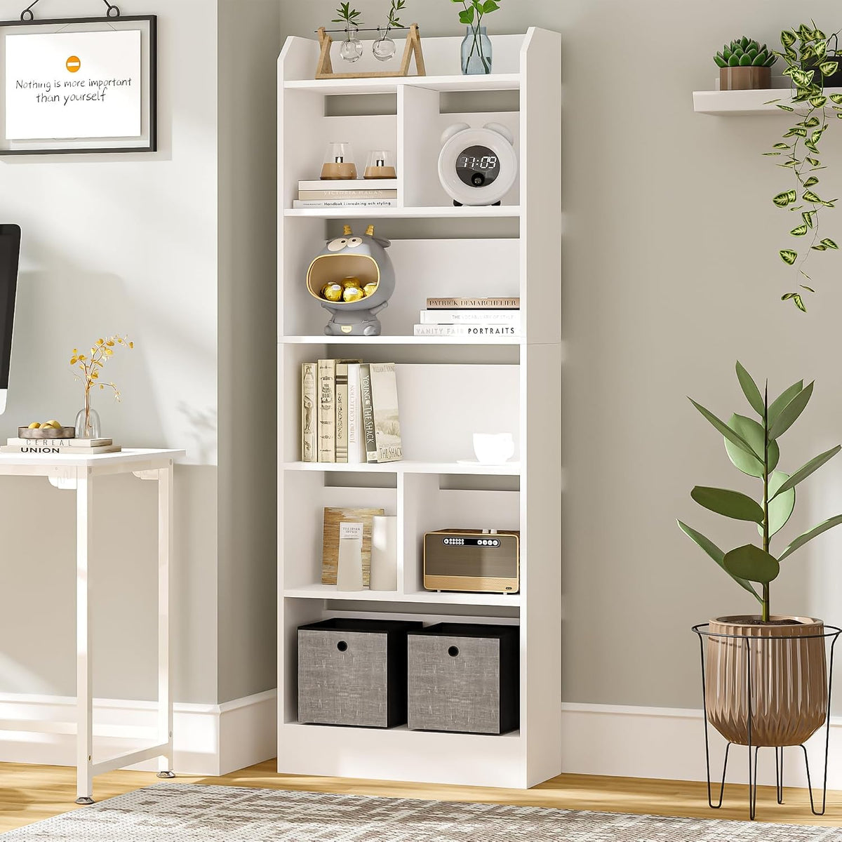 Hzuaneri Libreria 6 Ripiani, Bianco, 24x60x170 cm, BC11103X | Scaffale con Scomparti e Ripiani Aperti, Organizzatore, Libreria Verticale, Mobiletto Multiuso per Soggiorno, Studio(Bianco/24 x 60 x 170 cm)