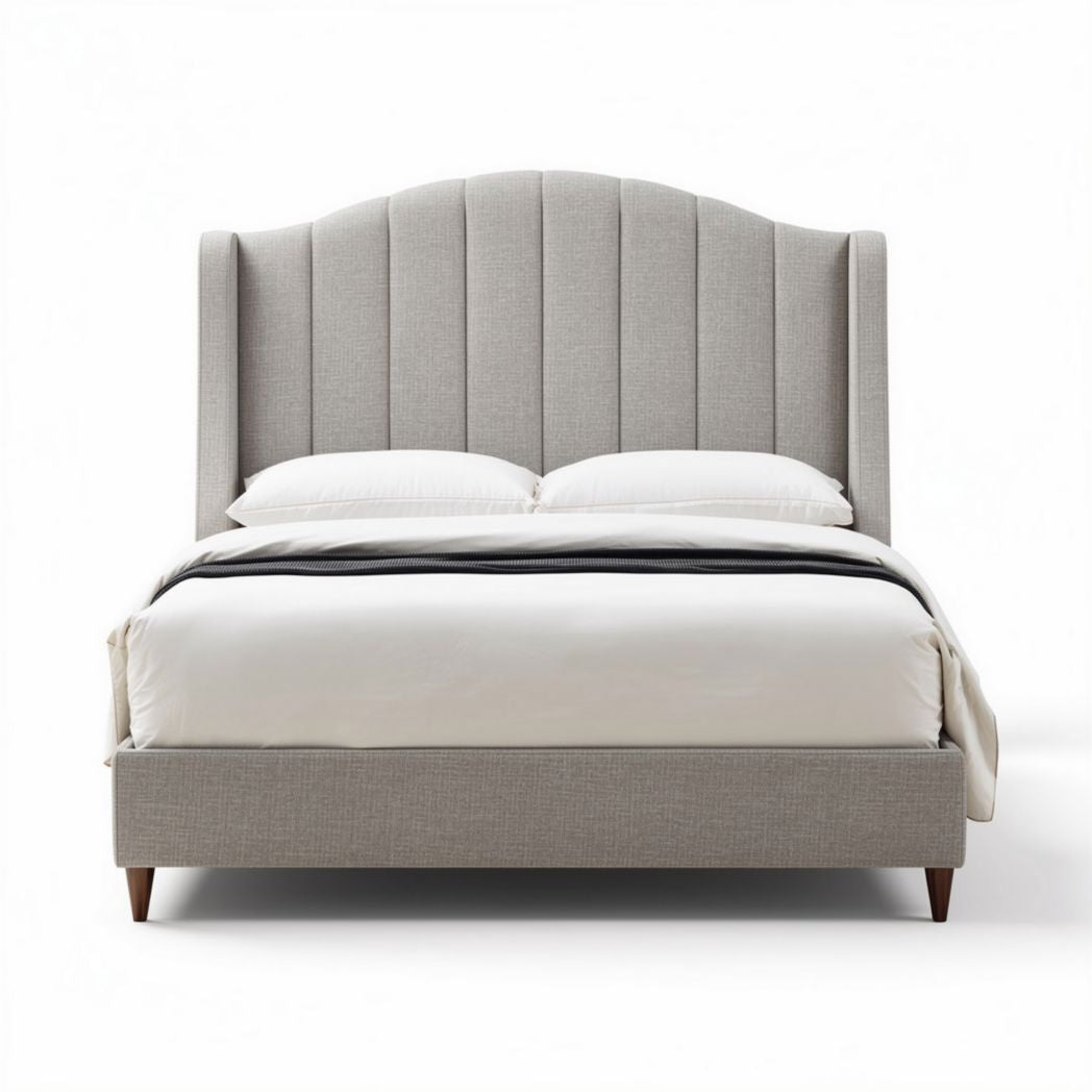 Letto matrimoniale in tessuto grigio con testiera imbottita dimensioni 200 x 160 x 120cm