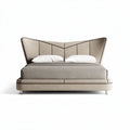 Letto matrimoniale imbottito in tessuto beige con testiera geometrica 200 x 160 x 100cm