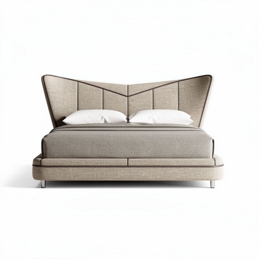 Letto matrimoniale imbottito in tessuto beige con testiera geometrica 200 x 160 x 100cm