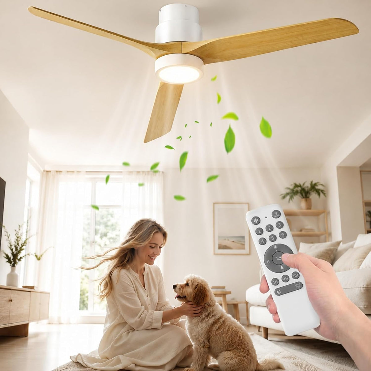 Ateroll Ventilatore da Soffitto con Luce Ø132cm, Dimmerabile LED (3000K-6500K), 3 Pale Plafoniera con Ventilatore Telecomando 6 Velocità Timer Adatto per Letto/Soggiorno/Studio/Patio (Bianco)(Venatura Legno)