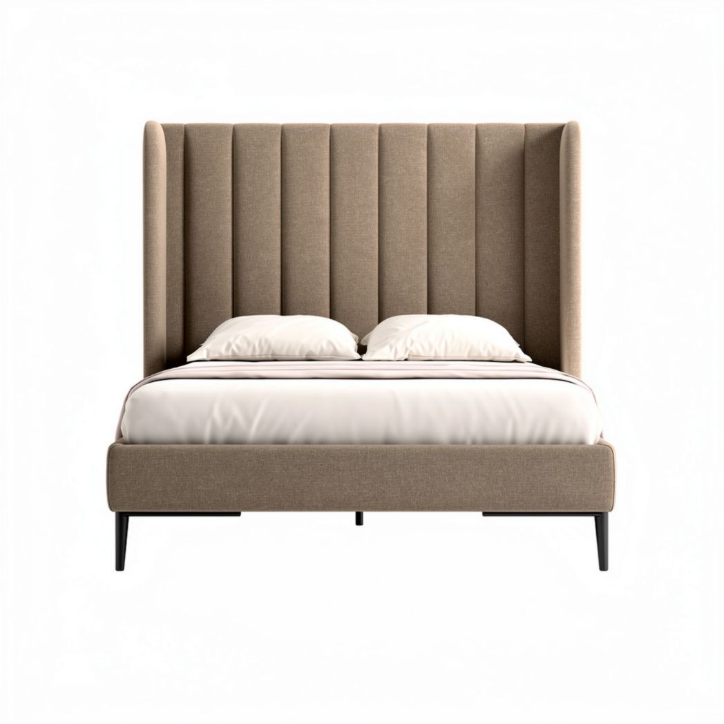 Letto matrimoniale con testiera imbottita in tessuto beige 200 x 160 x 120cm