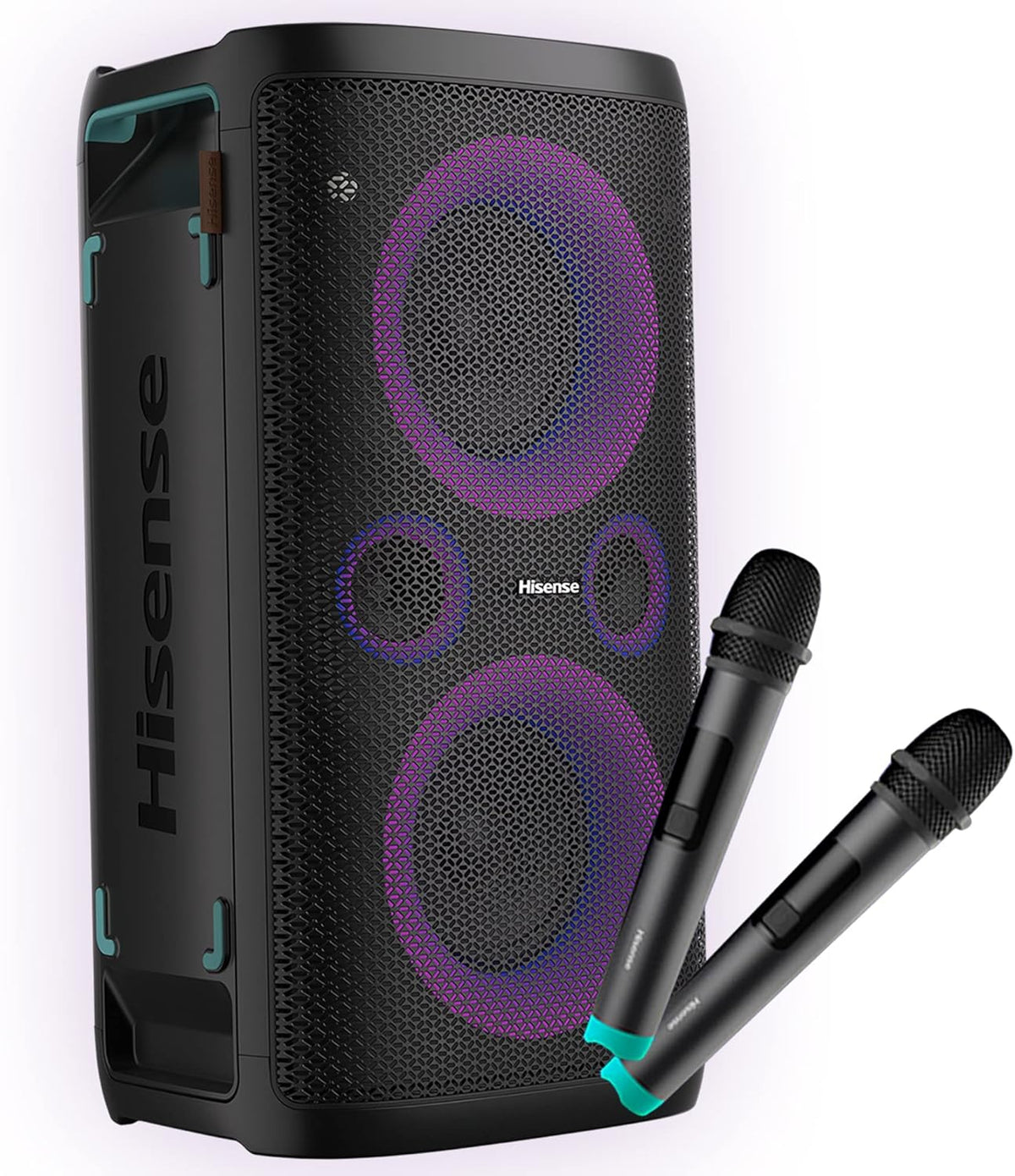 Hisense Party Storm Bluetooth Speaker with 300W Power, Built-in Woofer, Karaoke Mode, Integrated Wireless Charging Pad, AUX Input and Output, USB(300 W + 2 microfoni inclusi)