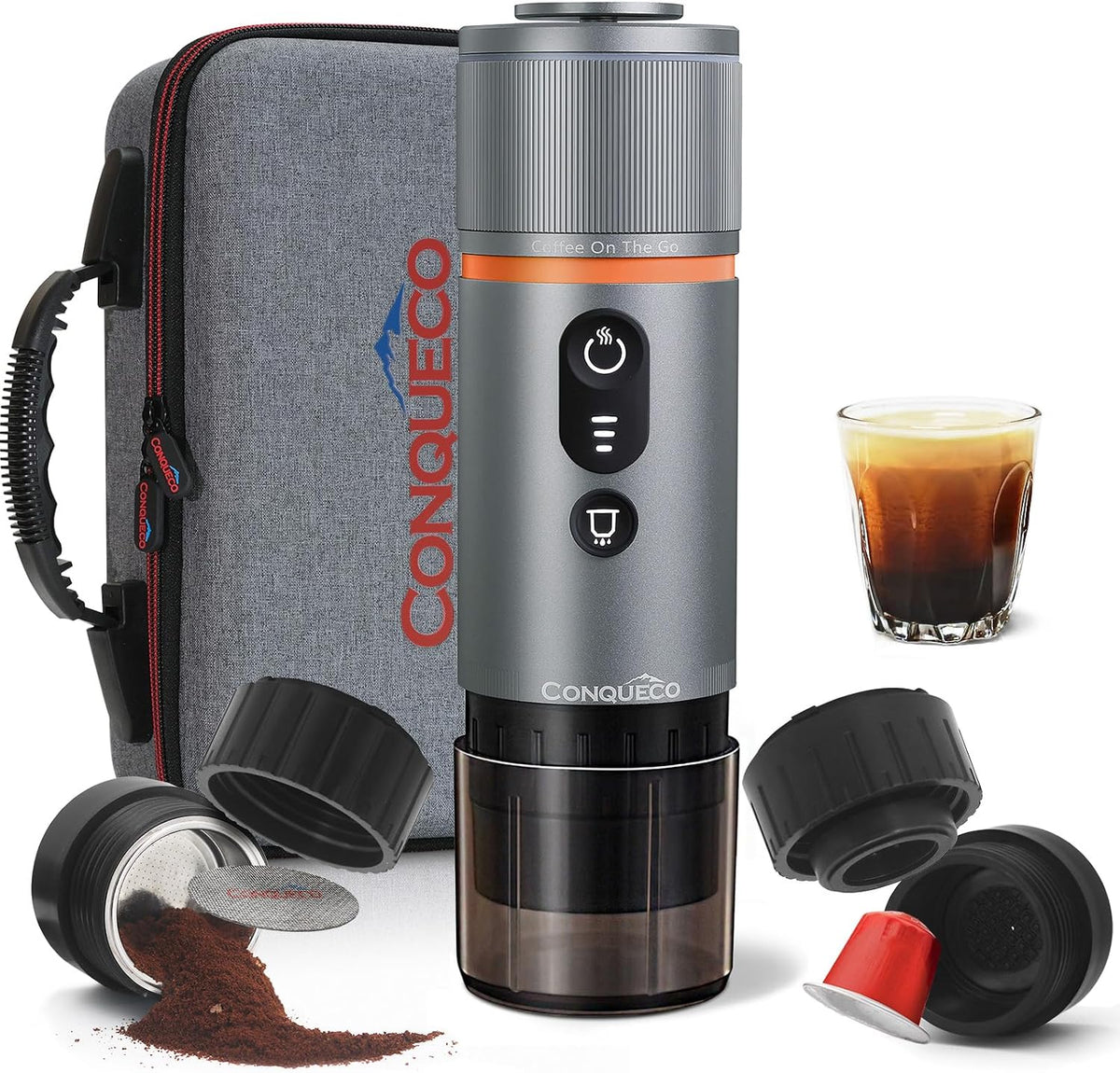 CONQUECO Caffettiera portatile con capsula per espresso - Macchina da caffè elettrica 12V con batteria - Per auto, camion e viaggi - Con custodia e accessori per l'estrazione del caffè.