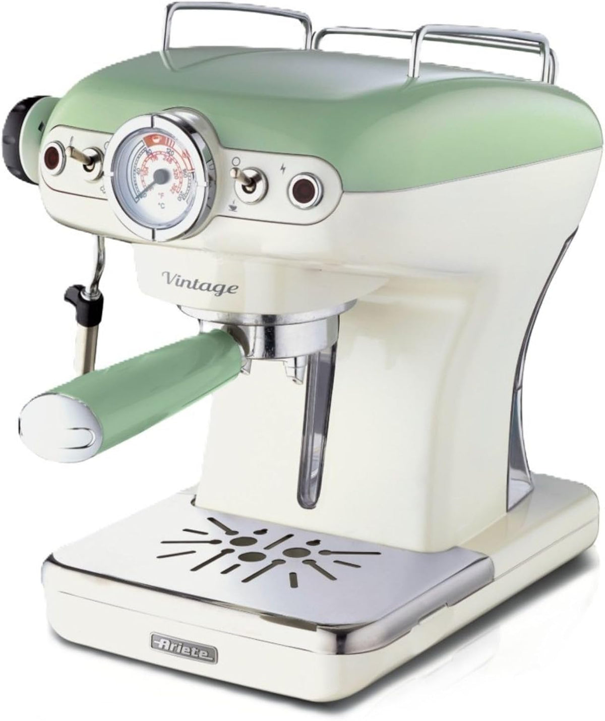 Ariete Caffè Espresso Vintage 1389, Macchina per Caffè Espresso per Polvere o Cialda ESE, 1 e 2 Tazze, Lancia Cappuccinatore, Supporto Tazze in Acciaio Inox, 15 Bar, 850W, Beige(Verde Pastello/Single)