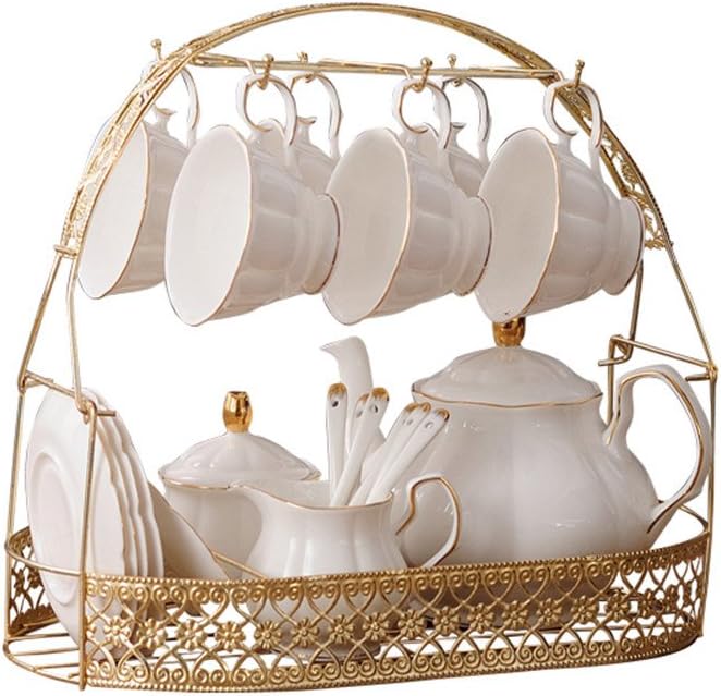 fanquare 15 Pezzi Set da tè in Ceramica Bianca Inglese Semplice,Teiera,Tazze di Porcellana per Osso con Cucchiai di Supporto in Metallo