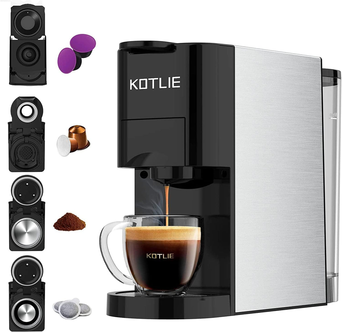 KOTLIE AC-513K Macchina da Caffè 4 in 1 per Nespresso Original/Dolce Gusto/Caffè Macinato/ESE Pads(44mm), 19 Bar, 800 ML(0.8 liters)