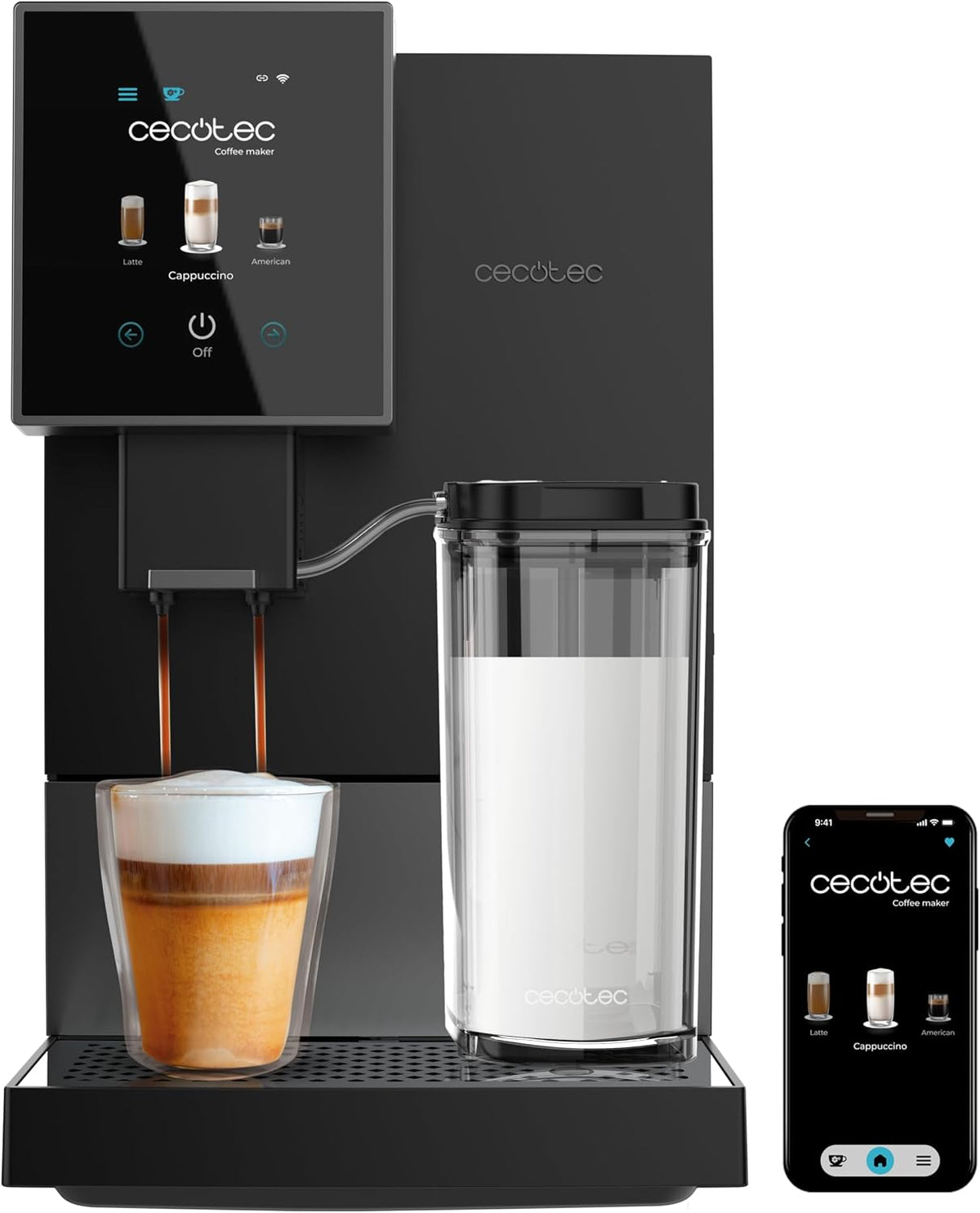 Cecotec Cremmaet Compactccino Connected White Rose Compatta, 19 bar, Schermo, WiFi, Serbatoio Latte 400 ml, Serbatoio Acqua 1.1L, Pulizia automatica, Bianco e Oro Rosa(Nero - Acciao Inox/Serbatoio Acqua-Latte | WiFi)