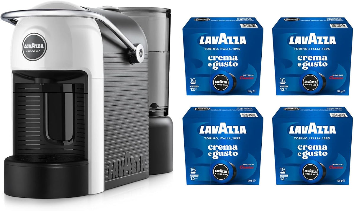 Lavazza A Modo Mio Jolie Evo, Macchina per Caffè Realizzata con 36% di Plastica Riciclata, Macchina Espresso con 64 Capsule Lavazza A Modo Mio Crema e Gusto Classico Incluse, Nera(Bianca)