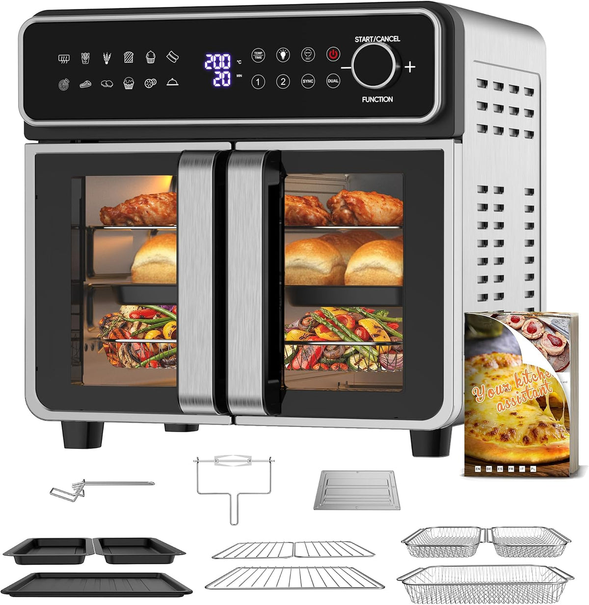 Emphsism Friggitrice ad Aria 23L XXL - Mini Forno ad Aria Zona Flessibile, Doppia Porta Friggitrice Aria Temperatura Indipendente 200℃, 12-in-1 Air Fryer Finestra Luce Interna  Ricette, per Famiglie(23L Tocco  Pulsante)