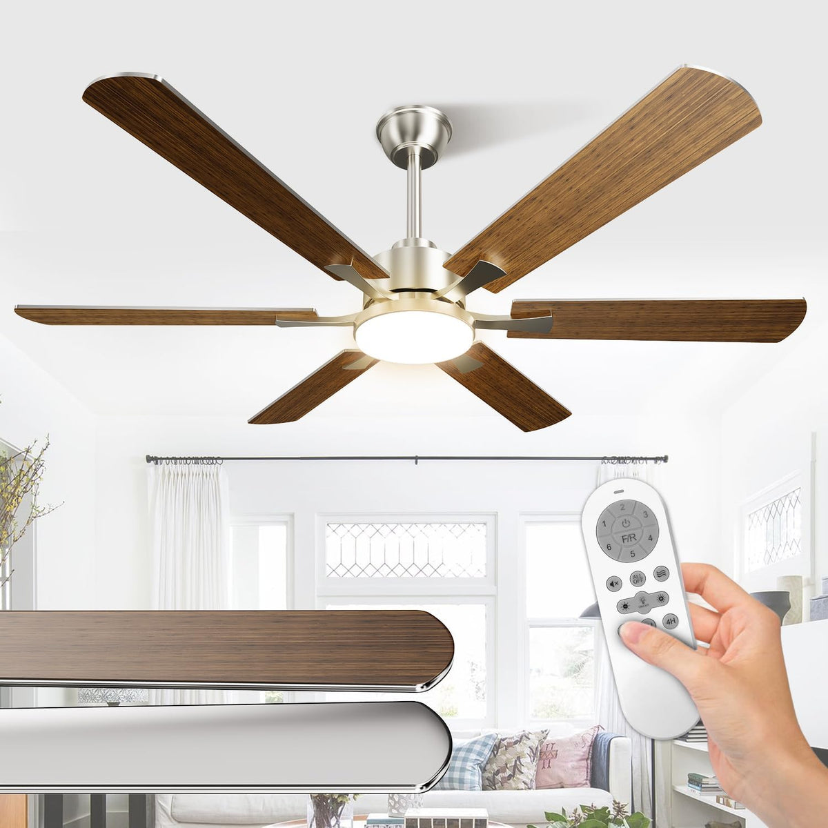 Airwit 132cm Grande Ventilatore da Soffitto con Luce Doppia Faccia Pale, Silenzioso Ventilatore da Soffitto con Telecomando e Reversible DC Motore, Lampada Ventilatore da Soffitto per Camera da Letto(Argento/Legno Scuro-asta)