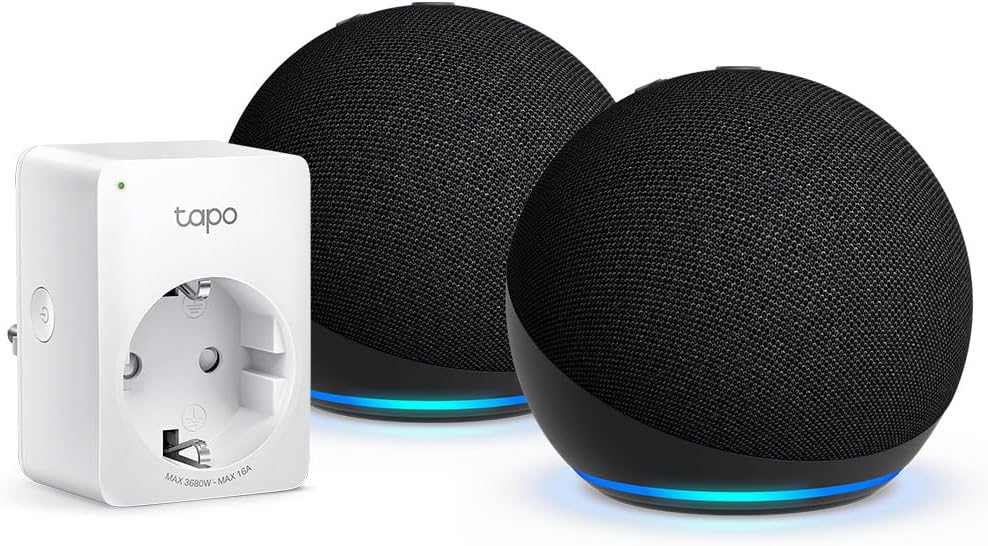 Echo Dot (5ª generazione) | Antracite, 2 pezzi + Tapo Presa Smart Alexa, WiFi Intelligente, Compatibile con Alexa - Kit di base per Casa Intelligente