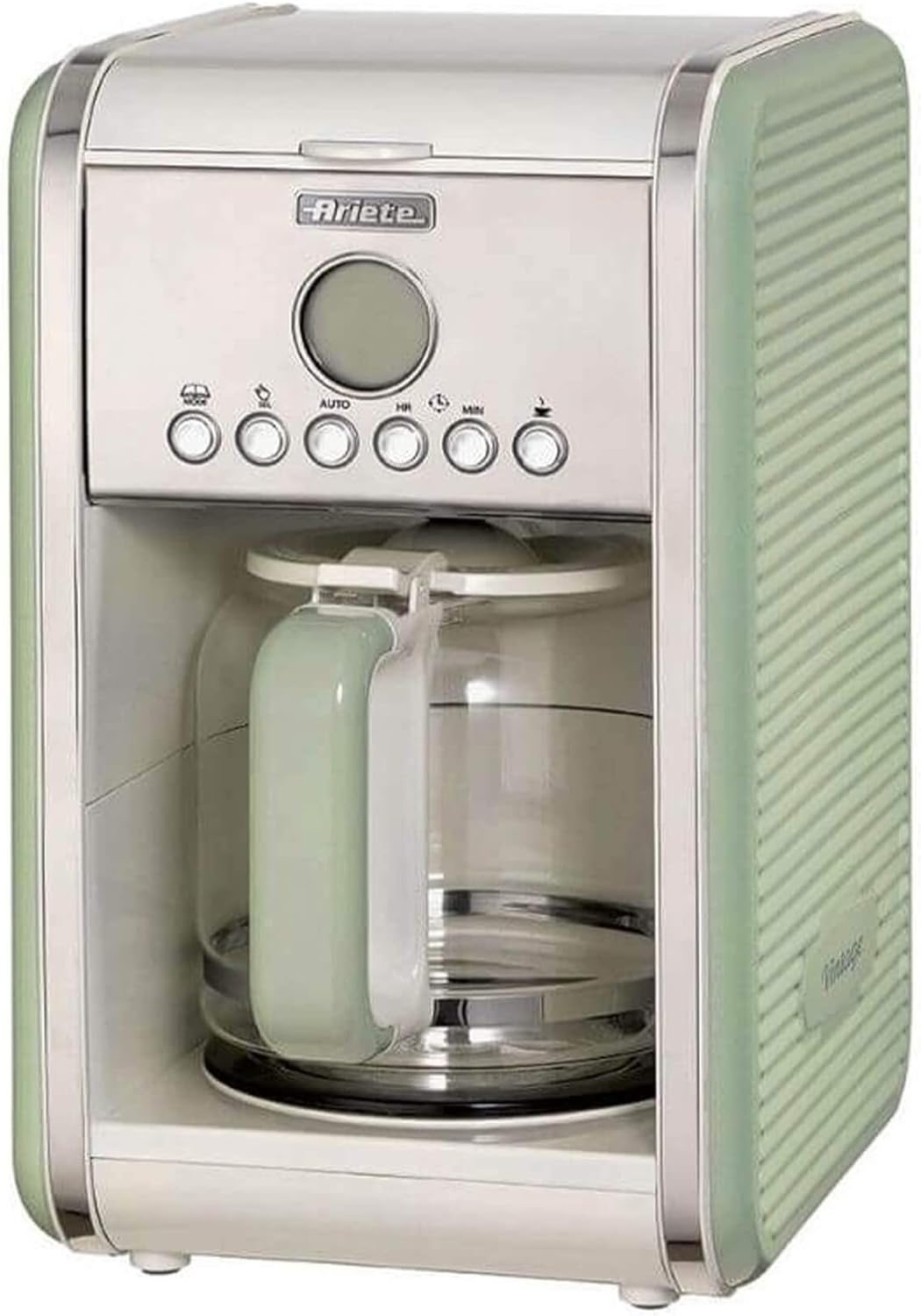 Ariete Macchina Caffè Americano Vintage 1342, Caraffa in Vetro Temperato, Fino a 12 Tazze, Timer Programmazione 24 Ore, Autospegnimento, Antigoccia, Piastra Riscaldata, Capacità 1.5 L, 2000W, Celeste(Vert/Single)